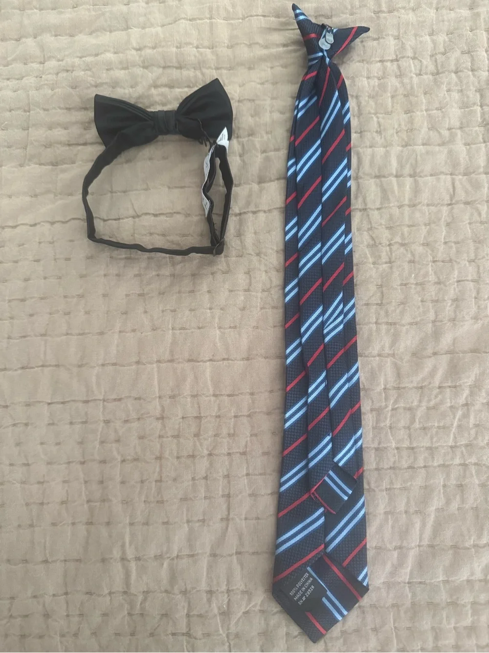 Boys Striped Blue & Red Neck Tie and Black Bow Tie
